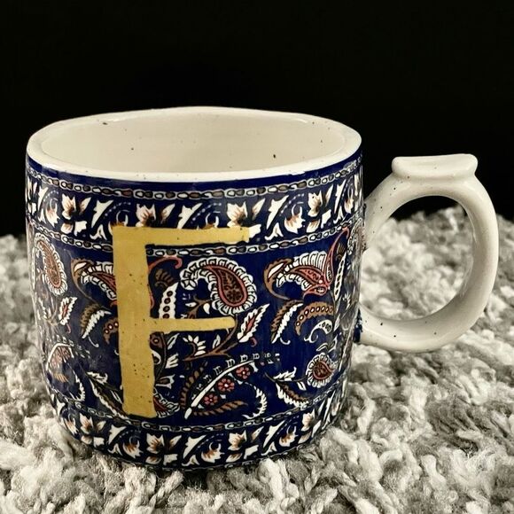 NIB Anthropologie Blockprinted Monogram Mug - F - Picture 1 of 6